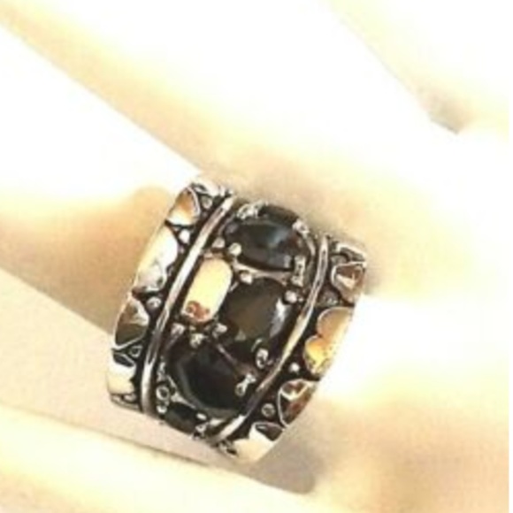 Silver Art Deco Statement Cocktail Ring Sz 6 8 Goth Gothic Onyx Black Stone - Picture 5 of 8